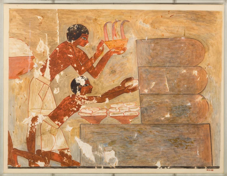 Painting facsimile from the Egyptian tomb of Rekhmire showing workers taking comb from stacked horizontal hives