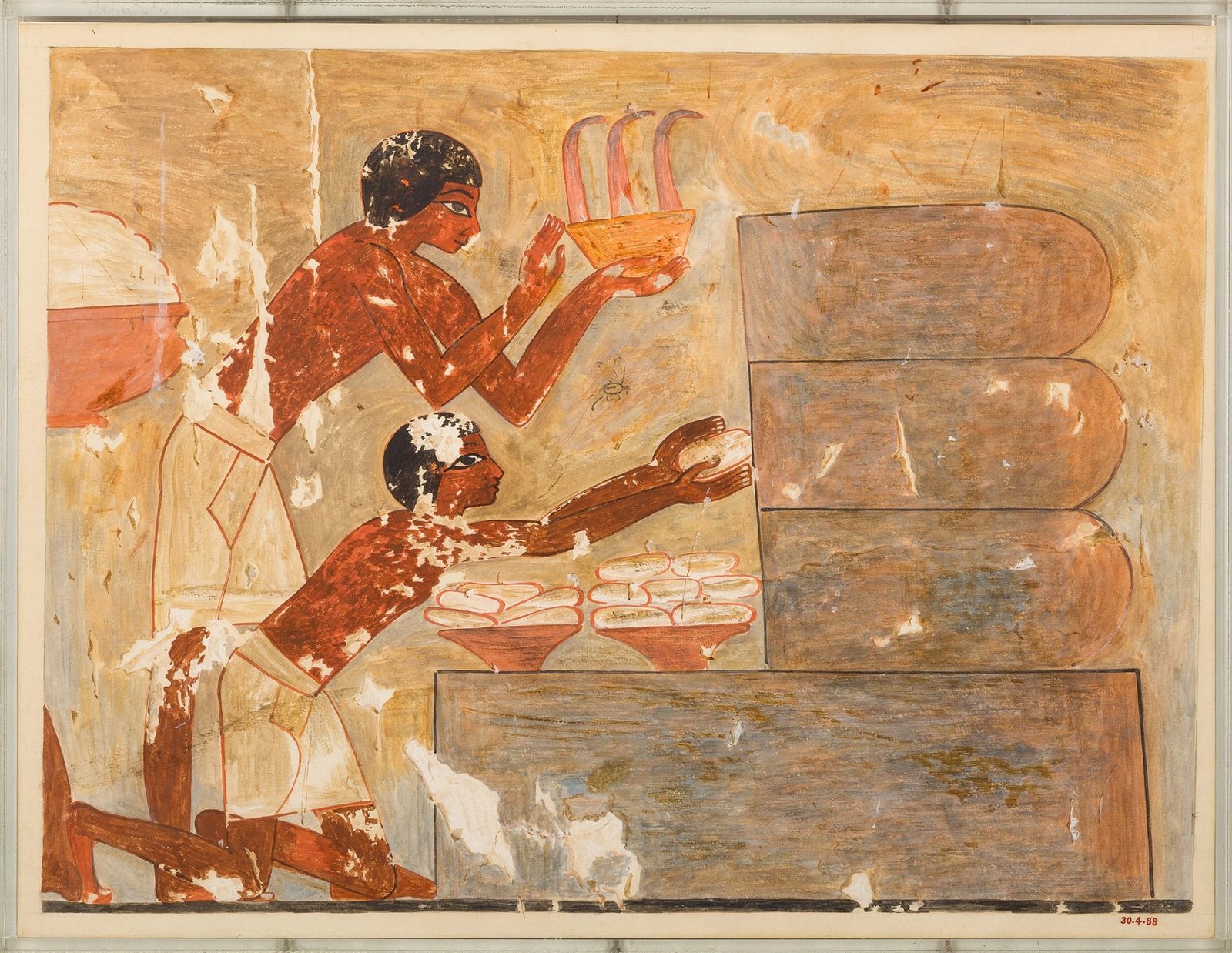 Painting facsimile from the Egyptian tomb of Rekhmire showing workers taking comb from stacked horizontal hives