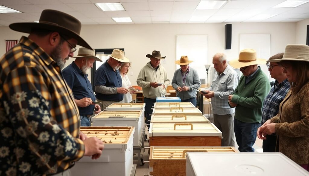 A Texas beekeeping association meeting with members examining hive components