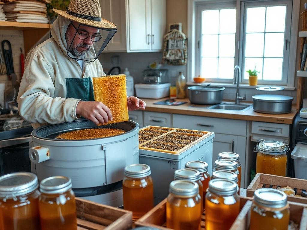 A backyard beekeeper harvesting and extracting honey from beehives