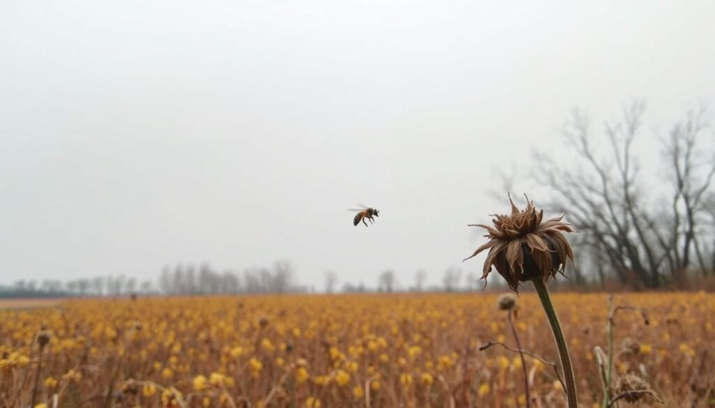 A barren autumn landscape under a hazy, overcast sky. In the foreground, a lone bee hovers over a withered, nectar-depleted flower. The middle ground reveals a field of dried, yellowed vegetation, devoid of vibrant blooms. In the distance, bare trees stand stark against the muted horizon, signaling the onset of a seasonal nectar dearth. The scene conveys a somber mood, reflecting the challenges beekeepers face during this critical time of year.