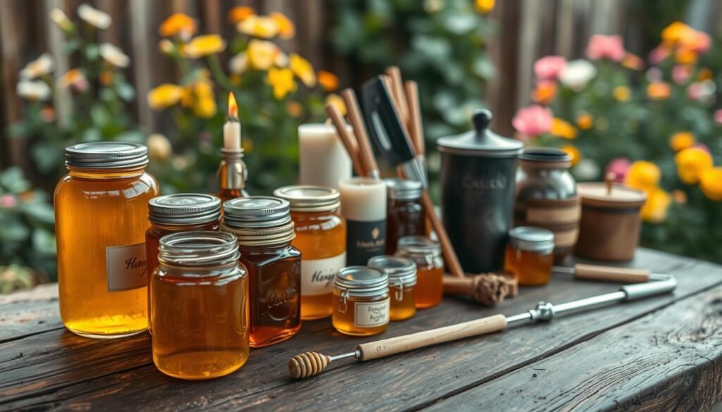 A beautifully arranged display of various beekeeping products on a rustic wooden table. In the foreground, jars of golden honey glisten under soft, warm lighting, accompanied by beeswax candles and a small jar of royal jelly. In the middle ground, a well-organized selection of beekeeping tools, such as a hive tool and smoker, hint at a thriving side business. In the background, a blurred garden scene with blooming flowers suggests the source of the honey. The mood is inviting and entrepreneurial, with a focus on sustainability and natural products. The image perspective is a slightly elevated angle to capture the depth of the arrangement, enhancing the welcoming atmosphere without any distractions or text.