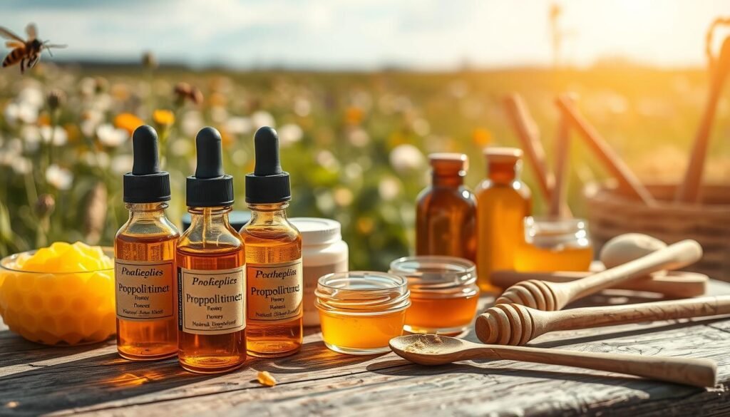 A beautifully arranged display of various propolis products on a rustic wooden table. In the foreground, there are amber-colored propolis tinctures in glass dropper bottles, alongside soft, honeycomb-like beeswax candles. The middle ground features propolis ointments in small, elegant jars and natural honey, surrounded by wooden utensils, conveying a sense of nature. In the background, out of focus, a field of wildflowers and a soft blue sky suggests a beekeeping environment. Warm, natural sunlight filters through, casting gentle shadows and creating a cozy, inviting atmosphere. Shot with a shallow depth of field to emphasize the products while softly blurring the background. The overall mood is serene and earthy, celebrating the natural origins of propolis.