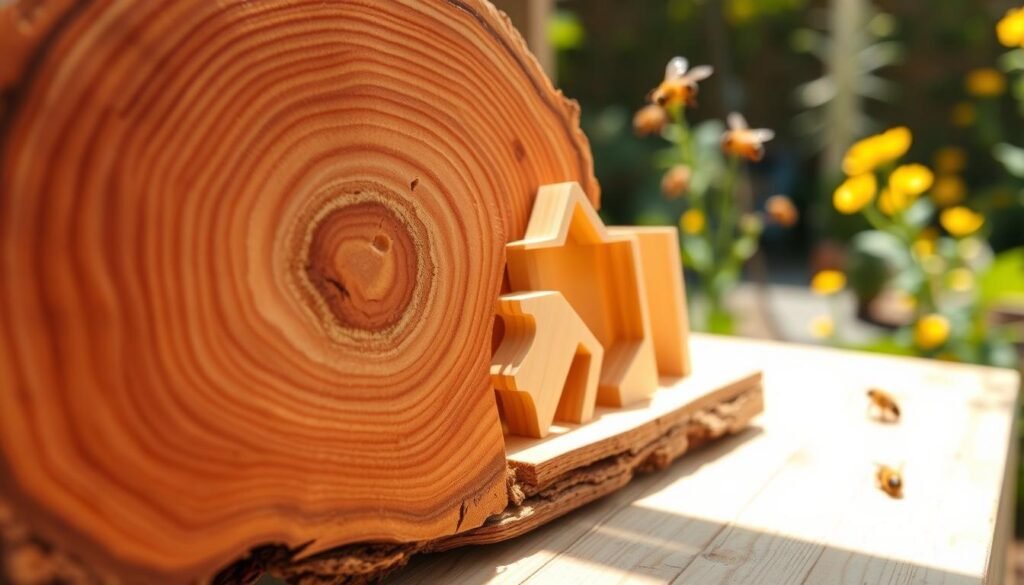 A beautifully crafted slice of western red cedar wood, showcasing its rich, warm colors and intricate grain patterns. In the foreground, a stunning close-up of the wood reveals subtle textures and natural knots, reflecting high-quality craftsmanship ideal for innovative hive frames. The middle of the image features various shapes of laser-cut hive frame components, artfully arranged to highlight their structural integrity and modern design. Soft, diffused natural daylight gently illuminates the scene, creating a warm ambiance. In the background, a blurred out apiary scene can be faintly seen, with bees buzzing in a sunny garden, evoking a feeling of harmony with nature. The overall mood is calm and inviting, emphasizing trust and quality in materials.
