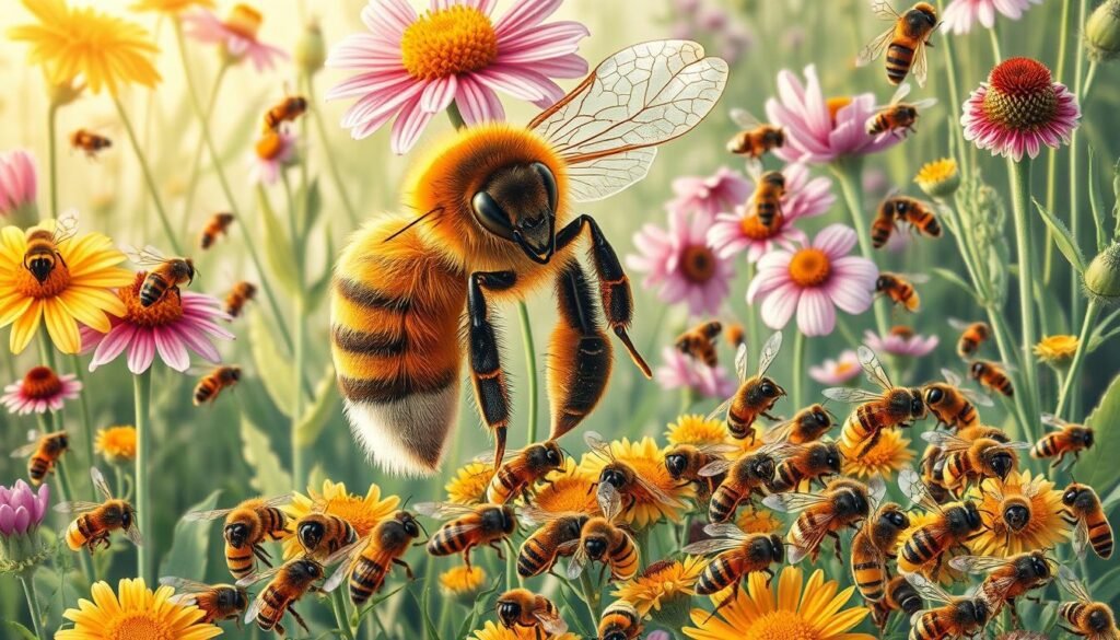 A beautifully lit, intricate botanical illustration showcasing a queen honeybee surrounded by a diverse array of worker bees and drone bees. The queen stands majestically in the foreground, her large size and distinctive markings contrasted against the smaller worker bees buzzing around her. In the middle ground, the workers demonstrate the variety of colors, patterns, and body shapes that characterize healthy bee diversity. The background features lush, detailed floral elements, such as vibrant wildflowers and verdant foliage, creating a harmonious, naturalistic ecosystem. The lighting is soft and warm, enhancing the rich, textured details of the bees and the plants. Captured with a high-resolution, high-magnification lens to emphasize the delicate, intricate features of this thriving apian community.