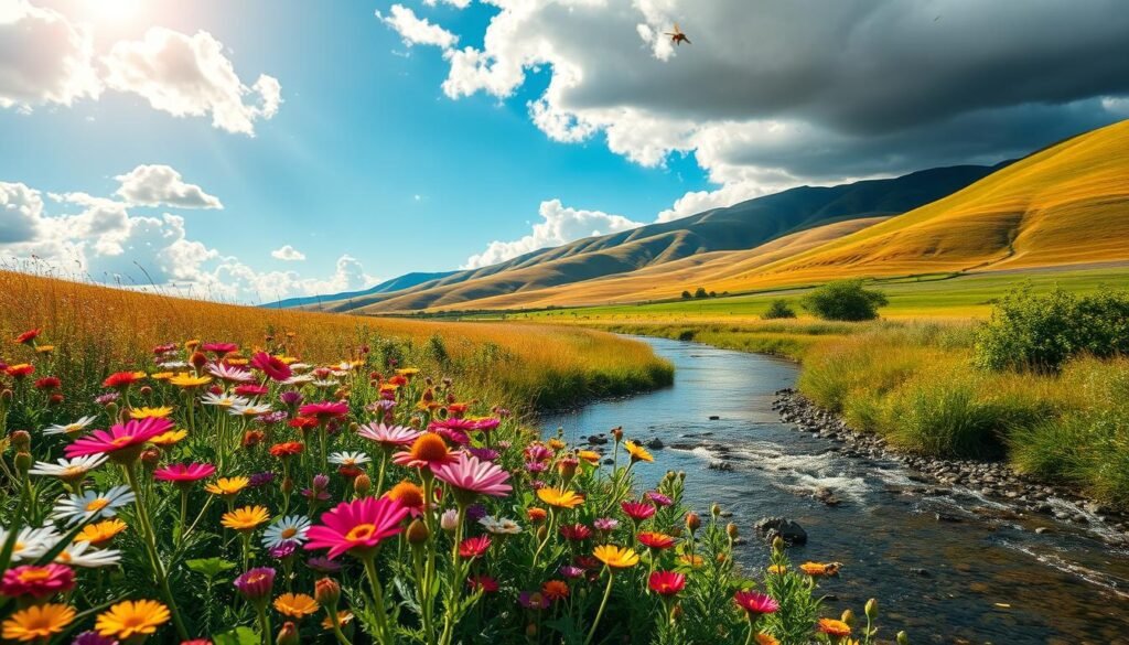 A beautifully vibrant landscape depicting the concept of nectar flow, with an abundant array of wildflowers in vivid colors blooming in the foreground, showcasing varying types of blossoms attracting bees. In the middle ground, a gentle stream flows serenely, reflecting the clear blue sky with fluffy white clouds. The background features rolling hills basking in sunlight, indicating a warm temperature, with hints of rainfall in the distance – dark clouds contrasting with bright sunlight. The scene is bathed in golden hour lighting, casting a warm and inviting glow. The atmosphere is serene and thriving, symbolizing the perfect conditions for nectar production, harmonizing nature's elements and their impact on honey production. The focus is soft yet detailed, capturing the essence of a thriving ecosystem. A beautifully vibrant landscape depicting the concept of nectar flow, with an abundant array of wildflowers in vivid colors blooming in the foreground, showcasing varying types of blossoms attracting bees. In the middle ground, a gentle stream flows serenely, reflecting the clear blue sky with fluffy white clouds. The background features rolling hills basking in sunlight, indicating a warm temperature, with hints of rainfall in the distance – dark clouds contrasting with bright sunlight. The scene is bathed in golden hour lighting, casting a warm and inviting glow. The atmosphere is serene and thriving, symbolizing the perfect conditions for nectar production, harmonizing nature's elements and their impact on honey production. The focus is soft yet detailed, capturing the essence of a thriving ecosystem.