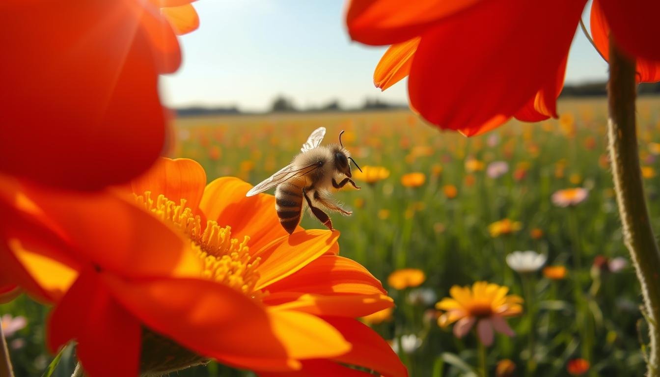 A bee delicately sipping nectar from the center of a vibrant, honey-colored flower, its fuzzy body and translucent wings