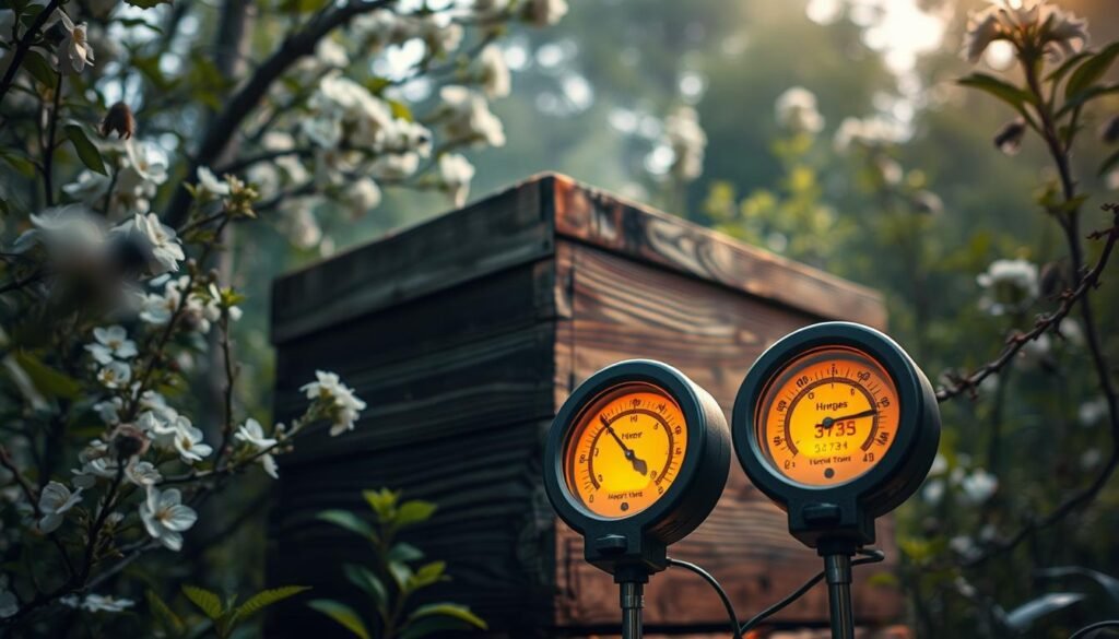 A beehive nestled in a lush, verdant setting, surrounded by blooming flowers and trees. The hive's exterior is made of weathered wood, its surface textured with intricate patterns. In the foreground, a hygrometer and thermometer stand, their displays illuminated by warm, golden lighting, providing crucial data on the hive's internal conditions. The background is filled with a soft, diffused glow, creating a serene and contemplative atmosphere. The camera angle is positioned to capture the interplay between the natural environment, the hive, and the monitoring equipment, highlighting the delicate balance that beekeepers must maintain to ensure the bees' comfort and productivity.