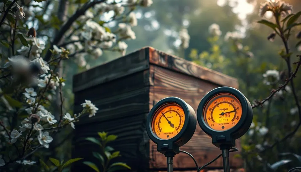 A beehive nestled in a lush, verdant setting, surrounded by blooming flowers and trees. The hive's exterior is made of weathered wood, its surface textured with intricate patterns. In the foreground, a hygrometer and thermometer stand, their displays illuminated by warm, golden lighting, providing crucial data on the hive's internal conditions. The background is filled with a soft, diffused glow, creating a serene and contemplative atmosphere. The camera angle is positioned to capture the interplay between the natural environment, the hive, and the monitoring equipment, highlighting the delicate balance that beekeepers must maintain to ensure the bees' comfort and productivity. A beehive nestled in a lush, verdant setting, surrounded by blooming flowers and trees