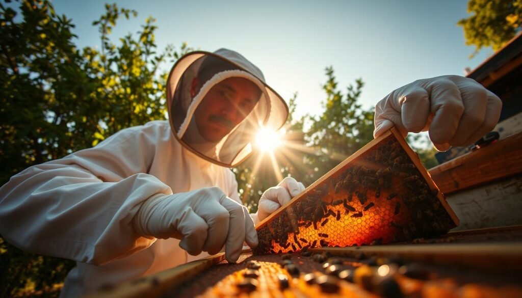 A beekeeper carefully inspecting the frames of a beehive, assessing the condition of the comb, brood, and overall hive activity. Warm afternoon sunlight filters through the apiary, casting a golden glow on the scene. The beekeeper wears a white protective suit, gloves, and veil, examining the hive with a calm, observant demeanor. In the background, verdant foliage and a clear blue sky create a serene, natural setting. The camera angle is slightly low, capturing the beekeeper's careful, hands-on approach to monitoring the hive's microclimate and the overall health of the colony.
