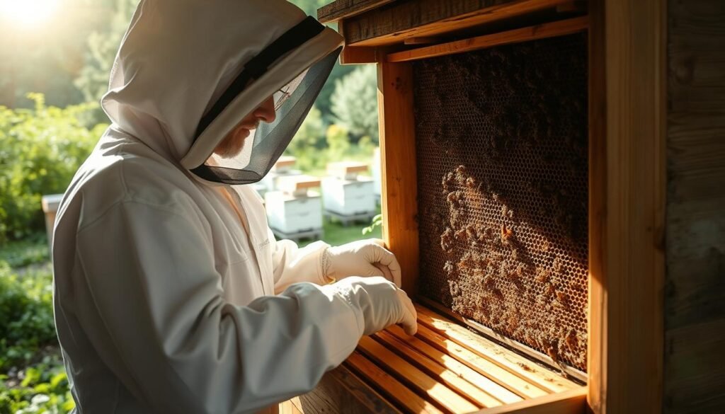 A beekeeper in a white protective suit meticulously inspecting the interior of a wooden beehive, illuminated by soft natural light filtering through the window. Frames are carefully pulled out, revealing the intricate honeycomb structure buzzing with activity. The beekeeper's gentle movements and attentive expression convey a sense of care and respect for the hive. In the background, an apiary with several beehives sits nestled among lush greenery, creating a peaceful, bucolic atmosphere. The scene emphasizes the importance of thorough, thoughtful hive inspections for the health and prosperity of the colony.