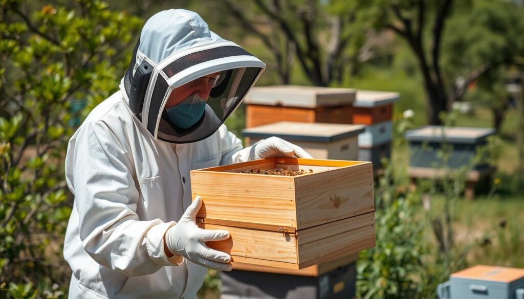 A beekeeper receiving a nucleus colony from a local Texas bee supplier