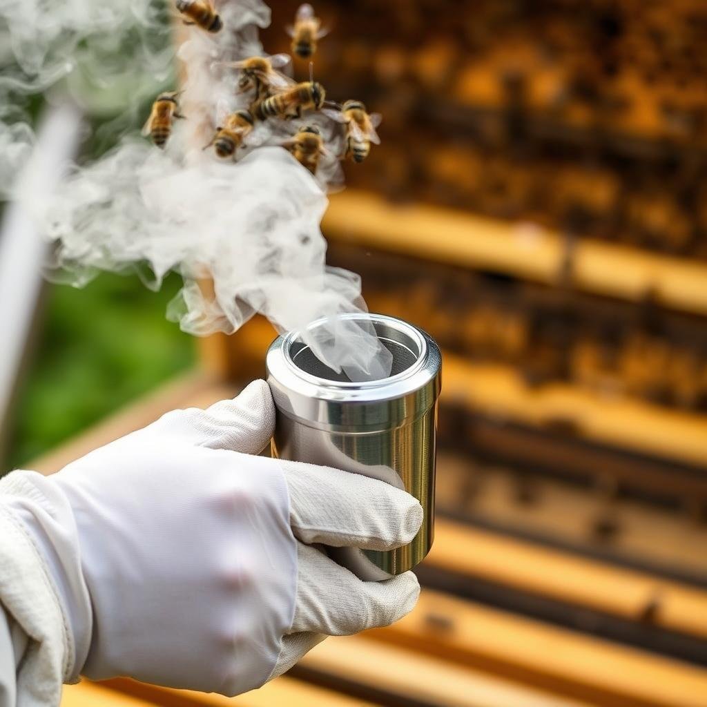 A beekeeper using a smoker during hive inspection