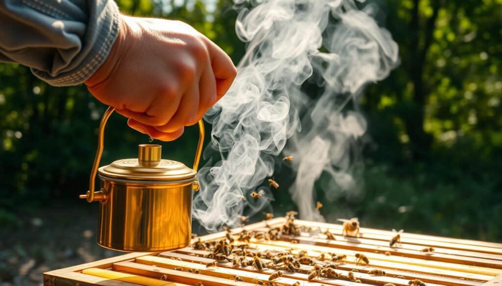 A beekeeper's sturdy hand grasps a well-maintained smoker, the smoldering embers casting a warm glow over a meticulously organized beehive. The smoker's brass body gleams in the dappled sunlight filtering through the lush foliage surrounding the apiary. Billows of fragrant smoke drift lazily upwards, calming the buzzing honeybees as the beekeeper carefully approaches the hive, ensuring maximum fire safety and control. The serene, focused expression on the beekeeper's face conveys their expertise and dedication to responsible, sustainable beekeeping practices.