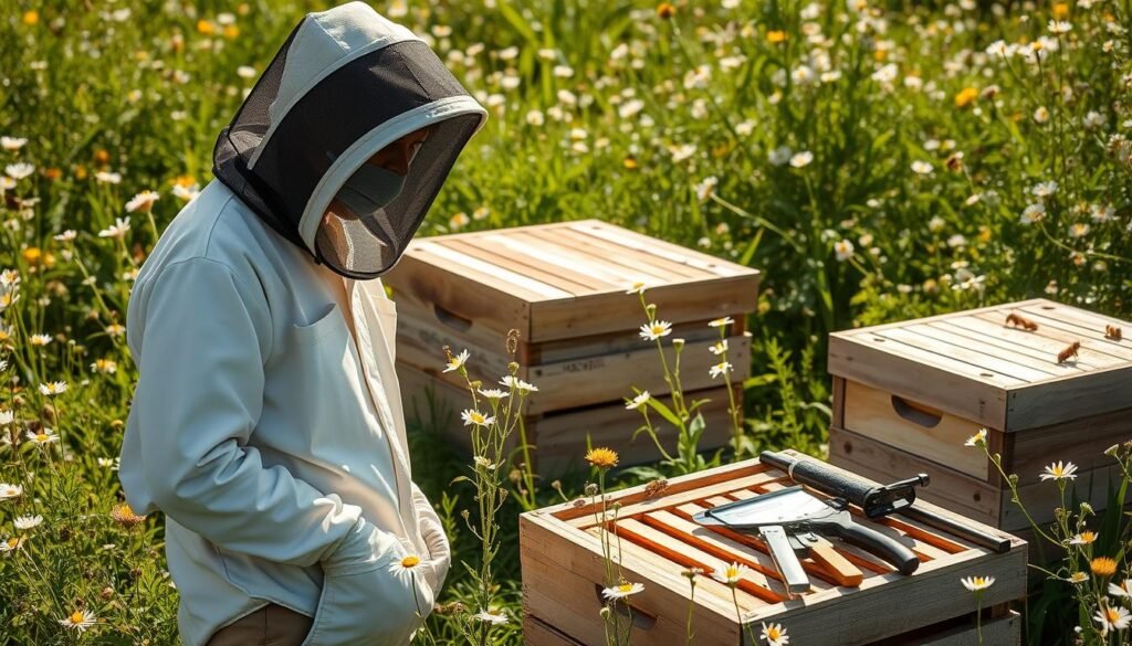 A beekeeping novice, equipped with a protective suit, veil, and gloves, stands in a sun-dappled meadow, surrounded by blooming wildflowers. Hives nestle amidst lush greenery, their wooden frames meticulously assembled. A beekeeper's toolkit - including a smoker, hive tool, and frame grip - rests nearby, ready to assist in a careful, step-by-step inspection. The scene conveys a sense of tranquility, safety, and the rewarding journey of responsible beekeeping. Soft, natural lighting illuminates the serene setting, inviting the viewer to consider the joys and benefits of this fulfilling hobby. A beekeeping novice, equipped with a protective suit, veil, and gloves, stands in a sun-dappled meadow, surrounded by blooming wildflowers. Hives nestle amidst lush greenery, their wooden frames meticulously assembled. A beekeeper's toolkit - including a smoker, hive tool, and frame grip - rests nearby, ready to assist in a careful, step-by-step inspection. The scene conveys a sense of tranquility, safety, and the rewarding journey of responsible beekeeping. Soft, natural lighting illuminates the serene setting, inviting the viewer to consider the joys and benefits of this fulfilling hobby.