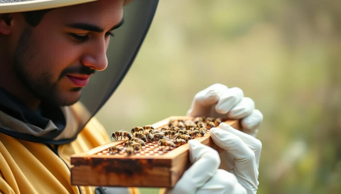 A beginner beekeeper in protective gear examining a frame of gentle Italian bees, perfect for beginners starting their beekeeping journey