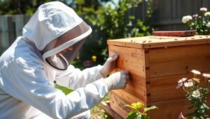 A beginner beekeeper in protective gear inspecting a backyard beehive on a sunny day