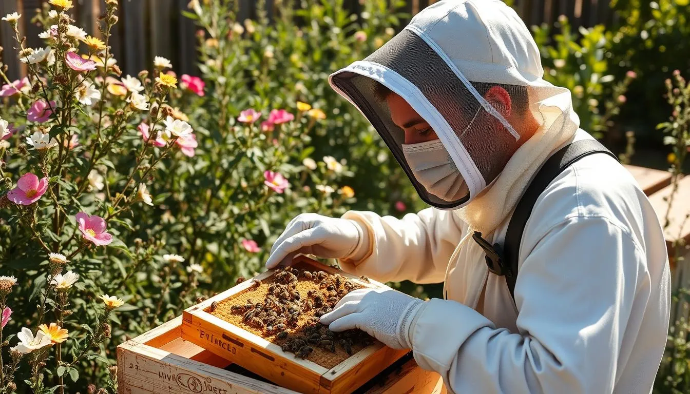 A beekeeper working calmly with a colony of Italian bees, illustrating the gentle temperament that makes this race a popular beginner choice despite its real winter-stores and robbing trade-offs