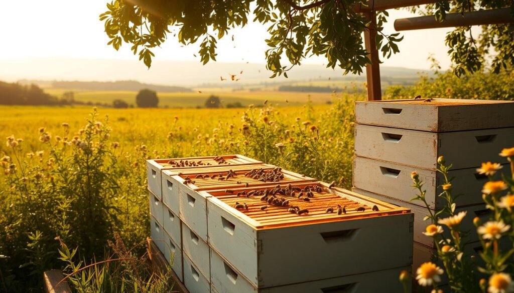 A bustling beehive, its honey-laden frames glisten in the soft, golden light of a sun-dappled meadow. Rows of stacked white langstroth hives stand in the foreground, surrounded by lush, flowering plants that sway gently in the summer breeze. In the background, a picturesque countryside landscape unfolds, with rolling hills and a distant, hazy horizon. The scene conveys the tranquility and productivity of a thriving apiary, where the industrious work of honeybees translates into the sweet nectar of success for the beekeeper.
