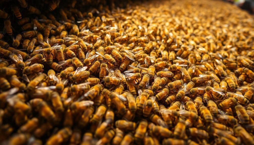 A bustling hive of worker bees, industriously carrying pollen and nectar. Warm, diffused lighting illuminates their fuzzy bodies as they move between honeycombs. The foreground is a close-up view, showcasing the bees' intricate features - compound eyes, delicate antennae, and pollen-laden legs. In the middle ground, swarms of bees dart between hive structures, their wings a blur of activity. The background reveals the interior of the hive, with winding tunnels and nested chambers. An atmosphere of focused, harmonious productivity pervades the scene, capturing the essence of larval feeding cycles in the honeybee colony.