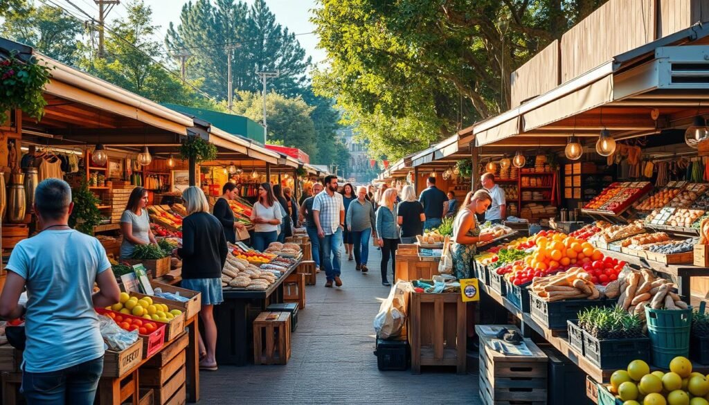 A bustling open-air market filled with vibrant stalls, overflowing with an array of local produce, handcrafted goods, and friendly vendors. Warm sunshine dances across the scene, casting a golden glow on the lively crowd browsing the diverse selection. Rows of colorful fruits and vegetables, freshly baked breads, and artisanal wares create a captivating visual tapestry. Wooden crates and rustic displays lend a charming, authentic atmosphere, while the hum of conversation and the aroma of fresh ingredients permeate the air. This thriving local marketplace serves as a hub for the community, fostering connections and showcasing the best of the region's offerings.