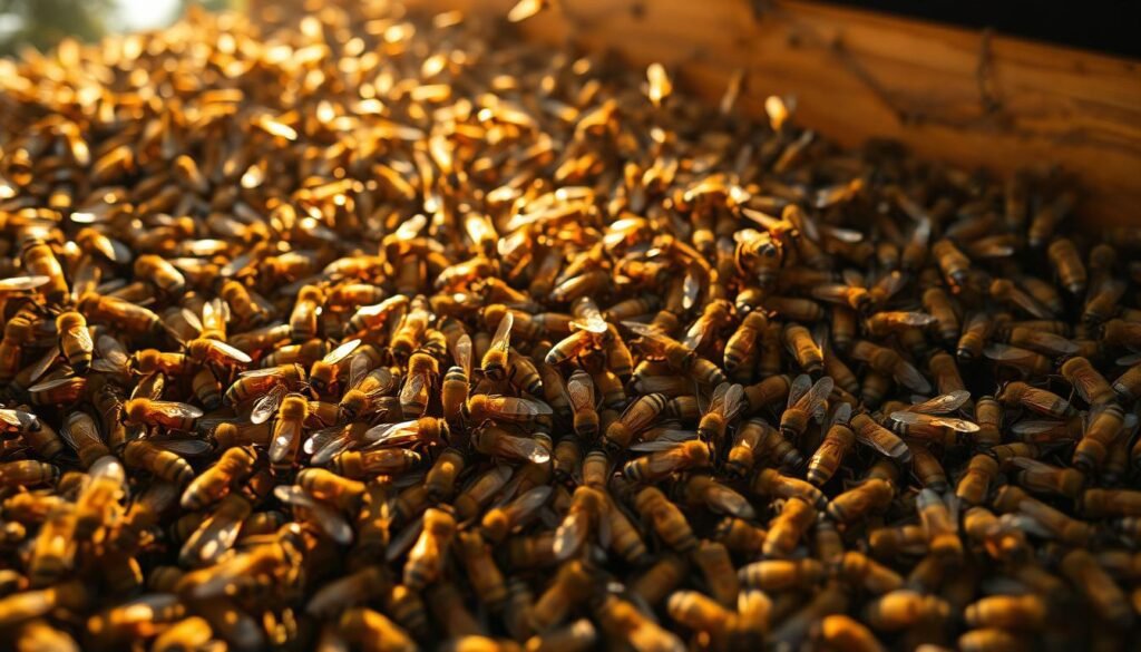 A busy hive of worker bees, their bodies glistening in the warm, golden light of the sun. In the foreground, a cluster of industrious bees meticulously constructing honeycomb cells, their legs and mandibles working in synchrony. In the middle ground, a swarm of bees dart to and fro, carrying pollen and nectar to the hive, their flight paths captured in a soft blur. In the background, the entrance to the hive is visible, a constant stream of activity as more workers arrive and depart. The scene conveys a sense of ordered chaos, the collective effort of the colony in full display, reflecting the intricate social dynamics and genetic interdependence that underpin the behavior of these remarkable insects.