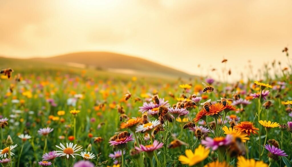 A captivating scene of honey bees diligently foraging in a vibrant, sun-dappled meadow. In the foreground, clusters of bees hover around an array of colorful wildflowers, their wings a blur as they collect nectar and pollen. The middle ground features a gently sloping hill dotted with lush greenery and the occasional splash of vibrant blooms. In the background, a warm, golden sky casts a soft, diffused light, lending an ethereal quality to the entire composition. The scene conveys a sense of harmonious coexistence between the bees and their natural environment, embodying the principles of evidence-based decision-making that draw insights from honey bee foraging research.
