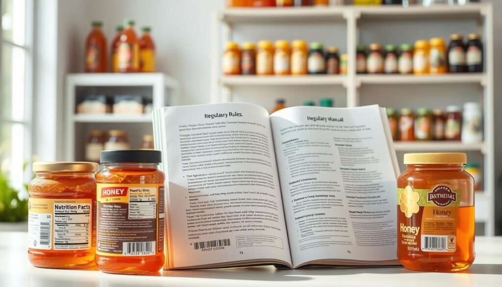 A clean and organized workspace focusing on honey labeling requirements. In the foreground, an array of honey jars with colorful labels that feature important labeling elements such as ingredient lists, weight, and UPC codes. The middle ground shows a detailed, open regulatory manual outlining federal labeling rules, highlighting sections on ingredient transparency and nutritional information. The background includes a soft-focus shelving unit filled with different honey varieties, demonstrating diversity in packaging. Bright, natural lighting illuminates the scene from a window, casting soft shadows and creating an inviting atmosphere. The composition emphasizes clarity and professionalism, aimed at conveying essential information on labeling standards in a visually appealing manner.
