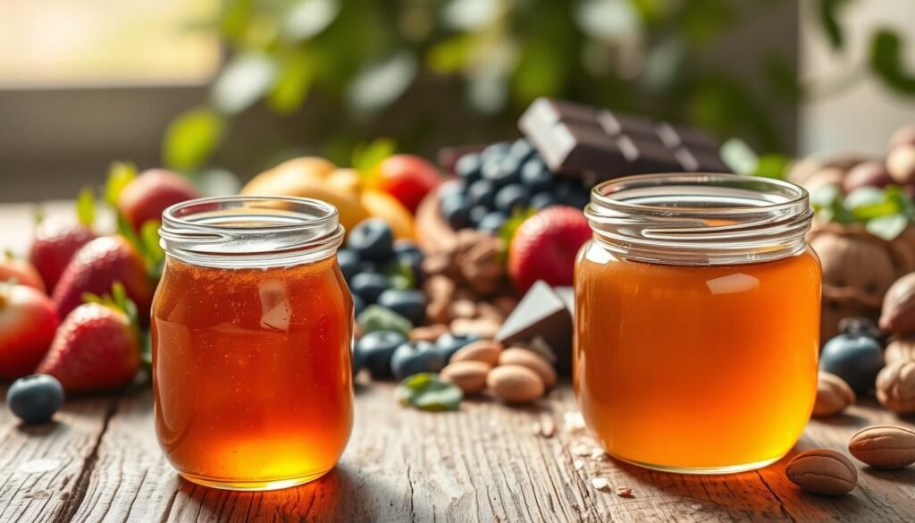 A close-up composition of various antioxidant-rich foods on a rustic wooden table, highlighting vibrant strawberries, blueberries, dark chocolate, and nuts. In the foreground, a glass jar filled with golden raw honey glimmers under soft, warm lighting, enhancing its rich texture. The middle ground features an assortment of fresh fruits and nuts, arranged artfully to showcase their natural colors and textures. The background fades into a soft, blurred garden setting with subtle green leaves, suggesting vitality and health. The overall atmosphere is inviting and wholesome, evoking a sense of nourishment and the benefits of antioxidants, while the lighting creates a cozy, cheerful mood. The image should be detailed, focused, and lack any text or distractions.
