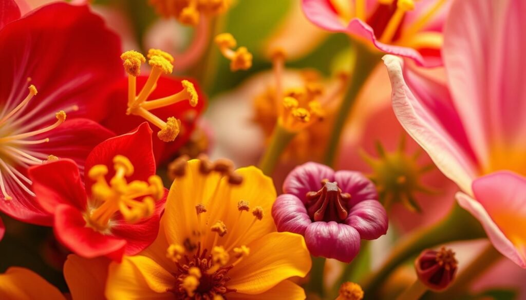 A close-up, high-resolution image of various species of nectar-producing flowers, showcasing their intricate structures and vibrant colors. The foreground features delicate petals, pollen-dusted stamens, and glistening nectaries in rich hues of red, yellow, and violet. The middle ground depicts the diverse shapes and forms of the flowers, from delicate tubular blossoms to broad, cupped corollas. The background is softly blurred, providing a sense of depth and emphasizing the focal point of the nectar-rich structures. Illuminated by warm, diffuse lighting that accentuates the translucent quality of the petals and the sheen of the nectar. Captured with a macro lens to reveal the intricate details and textures of the flowers, resulting in a visually striking and scientifically informative image.