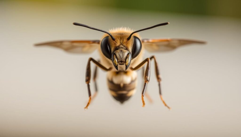 A close-up, high-resolution photograph of a male drone honeybee in natural lighting. The bee is positioned in the center of the frame, occupying the majority of the composition. The insect's body and features are sharply in focus, showcasing its distinctive large eyes, plump abdomen, and lack of pollen-collecting apparatus on the hind legs. The background is slightly blurred, providing a clean, neutral context that allows the drone bee's unique characteristics to be the focal point. The overall tone is scientific and educational, highlighting the key visual cues that distinguish this crucial member of the hive.