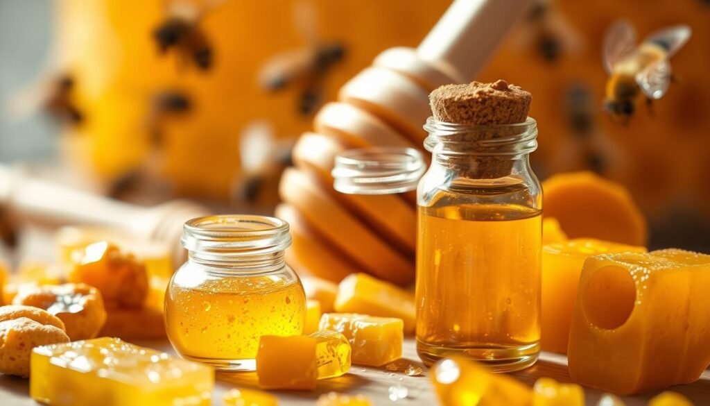 A close-up image showcasing the natural composition of propolis and its properties. In the foreground, display a small glass vial filled with golden-brown propolis resin, glistening under soft, diffused natural light. Surround the vial with various beeswax and honeycomb pieces, highlighting their organic textures. In the middle ground, include a wooden honey dipper dripping with honey, symbolizing the connection to bees. In the background, softly blurred images of bees flying around a hive, creating a sense of authenticity and life. Illuminate the scene with warm, golden lighting to evoke a calming and wholesome atmosphere, using a shallow depth of field for focus on the props in the foreground while gently fading the background.