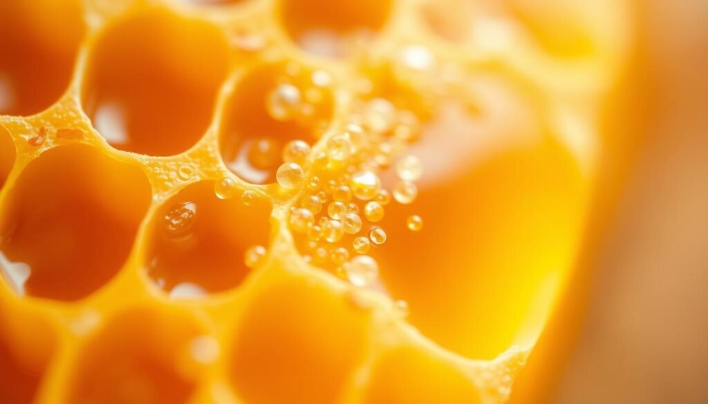 A close-up macro view of a honeycomb, with individual honey cells filled with a thick, golden liquid. Suspended within the honey are numerous tiny, translucent microplastic particles, refracting the light and creating a shimmering, almost ethereal effect. The image is captured with a shallow depth of field, keeping the foreground honey in sharp focus while the background fades into a soft, blurred haze. Soft, warm lighting illuminates the scene, highlighting the textural details of the comb and the mesmerizing presence of the microplastics. The overall mood is one of quiet wonder, drawing the viewer's attention to the unseen world of microscopic pollutants infiltrating this natural sweetness.