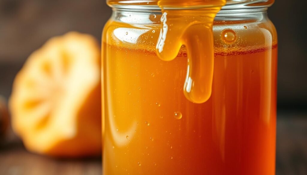 A close-up of a glass jar filled with golden, viscous honey. The honey glistens with a moist, dewy sheen under soft, warm lighting that casts a cozy glow. Droplets of condensation form on the inner walls of the jar, suggesting the humid, ambient environment. The jar is placed on a wooden surface, with a blurred background hinting at a rustic, earthy setting. The composition emphasizes the rich, textural quality of the honey, inviting the viewer to experience its thick, luscious consistency and the warmth of the curing process.