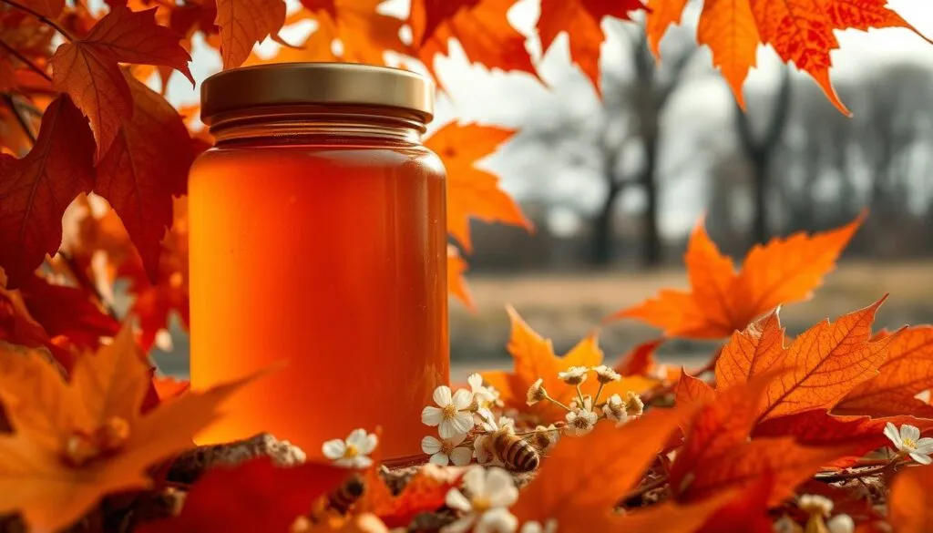 A close-up of a jar of golden fall honey, nestled among vibrant autumn leaves in rich shades of orange and red