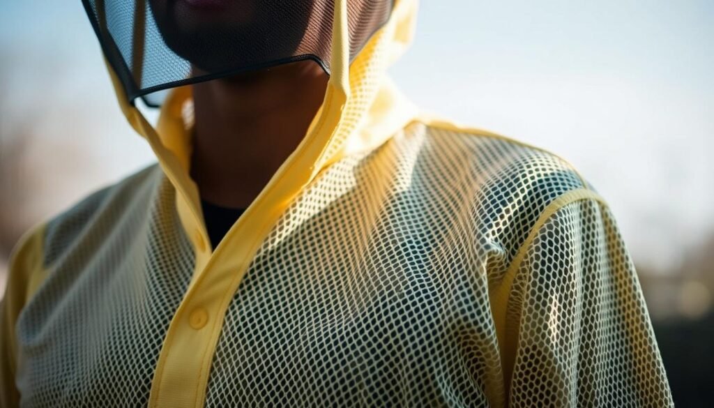 A close-up of a lightweight, flexible mesh jacket worn by a beekeeper. The jacket is a soft shade of yellow, with a subtle hexagonal pattern that mimics the structure of a beehive. The mesh material allows for breathability and a full range of motion, while still providing protection from stings. The jacket is shown from the chest up, with the collar slightly open, revealing a glimpse of the beekeeper's face through a fine mesh veil. Soft, diffused natural lighting illuminates the scene, giving the image a calm, serene atmosphere. The focus is sharp on the jacket's intricate mesh weave, conveying the jacket's purpose as both functional and stylish beekeeping attire.