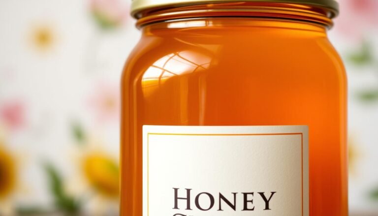 A close-up of a transparent glass jar filled with thick, golden-amber clover honey