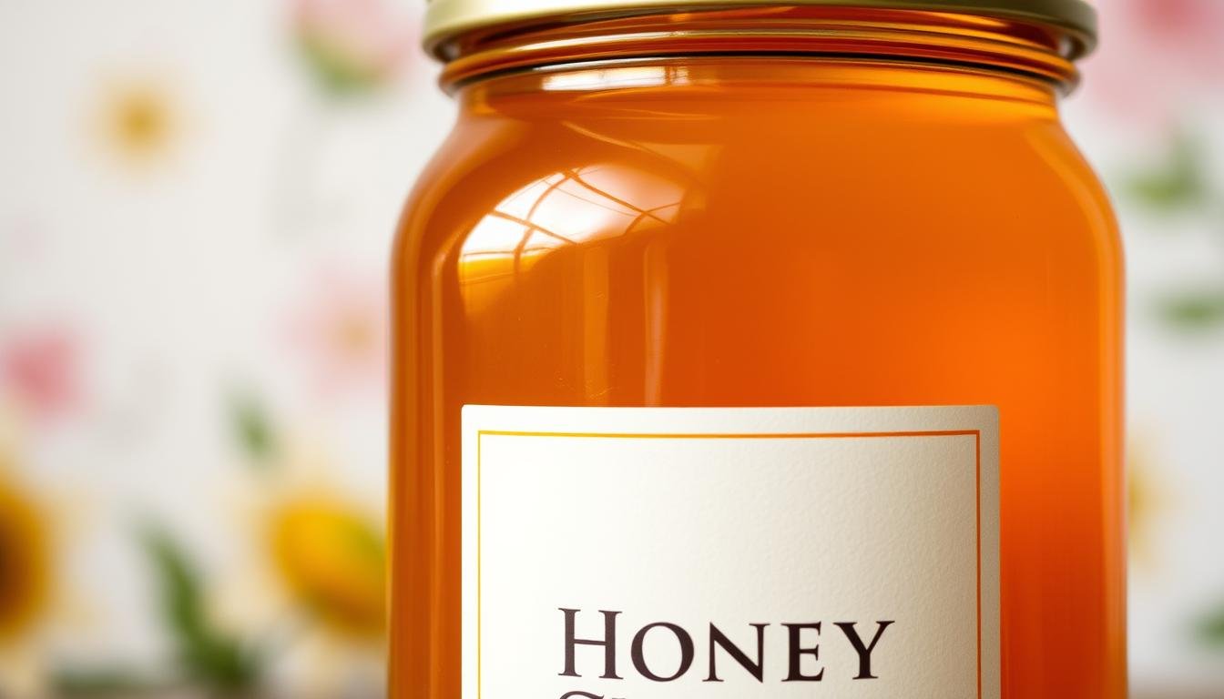 A jar of light amber clover honey, a good beginner choice for mead
