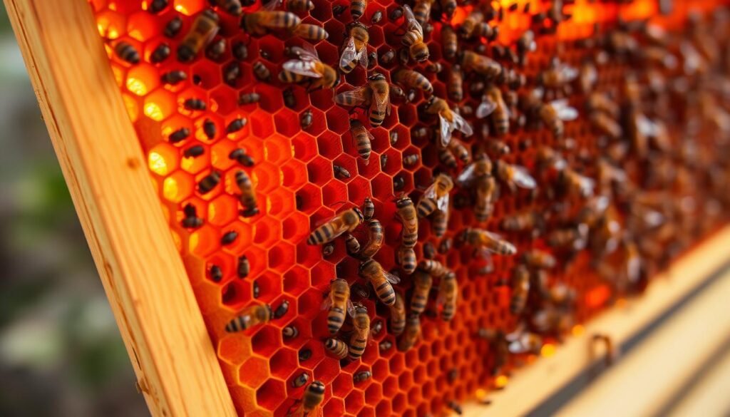 A close-up of a vibrant, active honeybee brood frame, featuring a warm golden light illuminating the intricate comb structure and the bustling colony. The frame is positioned at a slight angle, showcasing the nested, hexagonal cells filled with developing larvae and pupae, along with a few worker bees tending to the brood. The image captures the essence of a healthy, thriving beehive, inviting viewers to appreciate the incredible engineering and organization of these remarkable insects.