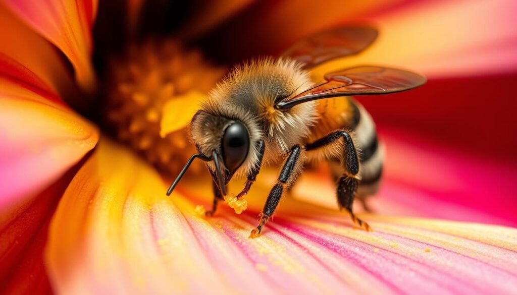 A close-up of a worker bee diligently collecting nectar from a vibrant flower, its fuzzy abdomen dusted with golden pollen. The bee's compound eyes and proboscis are in sharp focus, capturing the intricate details of its delicate task. The flower's petals burst with vivid hues, creating a lush, natural backdrop that accentuates the bee's industrious movements. Soft, diffused lighting illuminates the scene, casting gentle shadows and highlighting the bee's delicate features. The composition emphasizes the bee's role as a vital nectar handler, pollen packer, and honey maker, integral to the ecosystem.