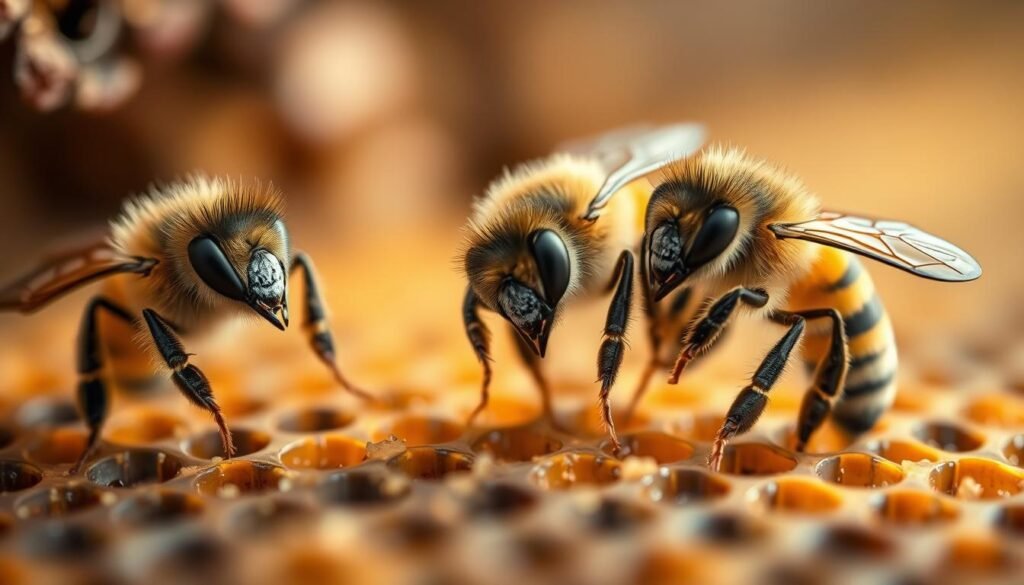 A close-up photograph of three nurse bees, meticulously detailed, with a soft, natural lighting illuminating their fuzzy bodies and compound eyes. The bees are positioned in the foreground, with blurred hives and honeycomb textures creating a layered, depth-of-field effect in the middle ground. The background is subtly out of focus, allowing the viewer to concentrate on the intricate behaviors and interactions of the nurse bees as they tend to the brood. The overall atmosphere is serene and intimate, capturing the essential role these bees play in maintaining the health and vitality of the hive.