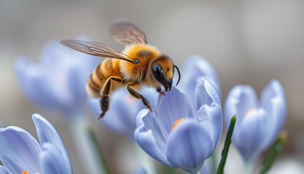 A close-up portrait of a hardy, cold-adapted honeybee, its fuzzy abdomen glowing amber in the soft, diffuse light of an overcast day. The bee hovers delicately amidst a cluster of icy blue-violet crocus petals, its wings a blur of gossamer motion. The background is a muted, wintry palette of muted greys and whites, suggesting the harsh but beautiful environment in which this resilient insect thrives. Capture the bee's alert, intelligent gaze and the intricate details of its bristly exoskeleton, conveying the essence of a creature perfectly adapted to its chilly, northern domain. A close-up portrait of a hardy, cold-adapted honeybee, its fuzzy abdomen glowing amber in the soft, diffuse light of an overcast day. The bee hovers delicately amidst a cluster of icy blue-violet crocus petals, its wings a blur of gossamer motion. The background is a muted, wintry palette of muted greys and whites, suggesting the harsh but beautiful environment in which this resilient insect thrives. Capture the bee's alert, intelligent gaze and the intricate details of its bristly exoskeleton, conveying the essence of a creature perfectly adapted to its chilly, northern domain.