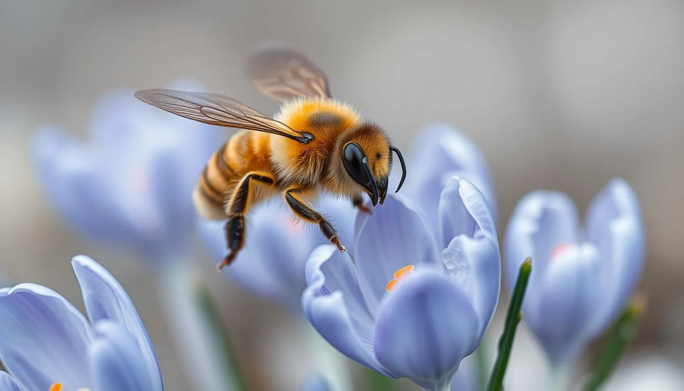 A close-up portrait of a hardy, cold-adapted honeybee, its fuzzy abdomen glowing amber in the soft, diffuse light of an
