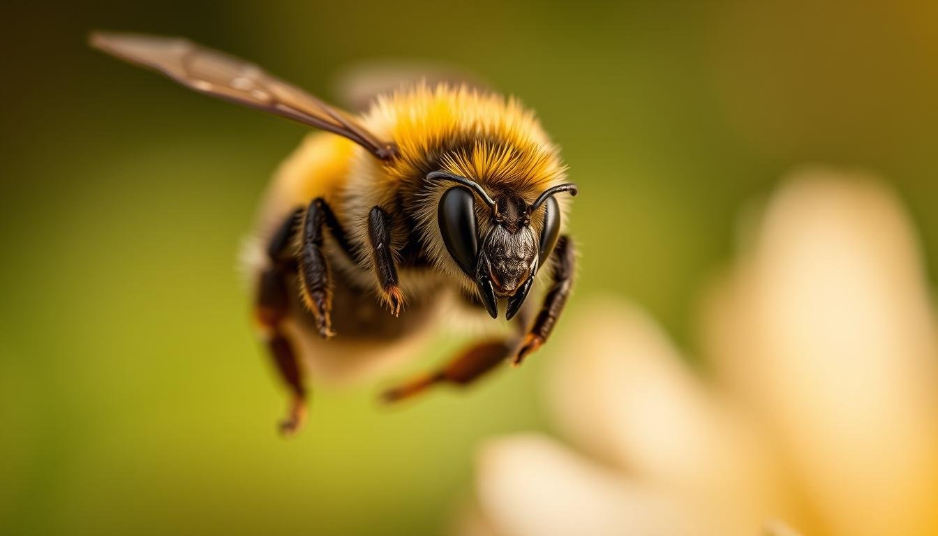 A close-up portrait of a male bumble bee in flight, captured with a shallow depth of field and soft, warm lighting