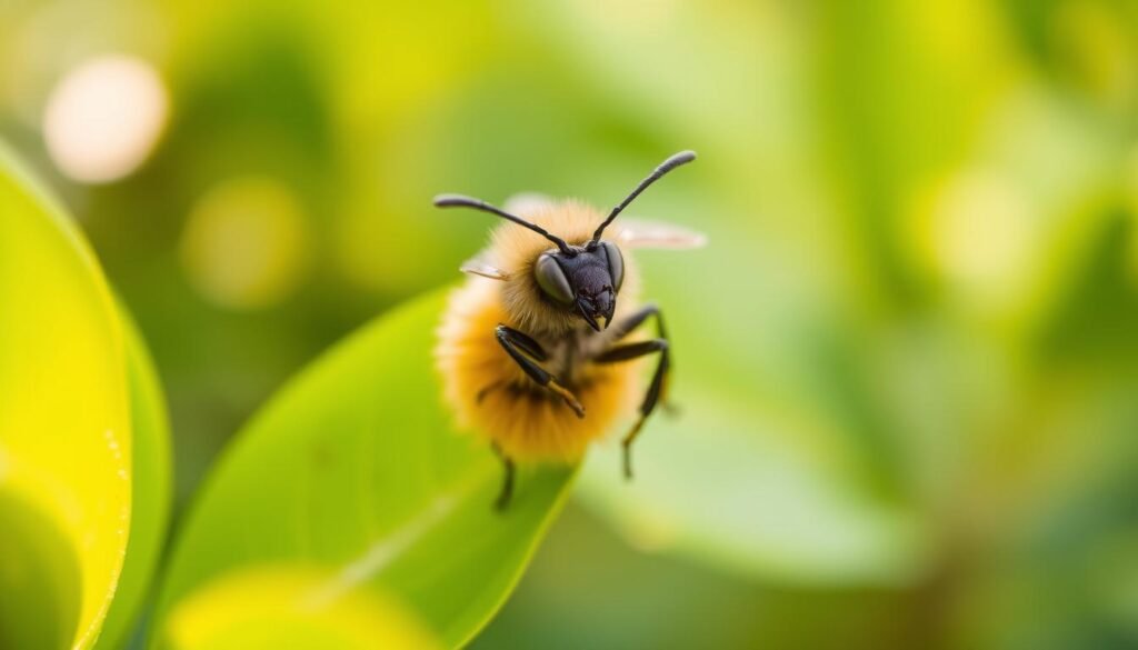 A close-up portrait of a stingless bee (Meliponinae) in natural light, with its distinctive rounded body and fuzzy, yellow-brown abdomen prominently featured. The bee is in sharp focus, with delicate antennae and compound eyes visible, set against a softly blurred background of lush, green foliage. The lighting is warm and natural, creating a sense of peaceful coexistence between the tiny pollinator and its verdant habitat. The composition emphasizes the bee's unique features, inviting the viewer to appreciate the remarkable diversity of the world's bee species beyond the more familiar honey bees.