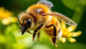 A close-up portrait of a western honey bee (Apis mellifera) in natural lighting, captured with a high-resolution macro lens