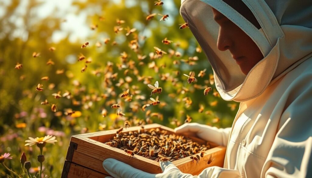 A close-up scene depicting a beekeeper in professional attire gently capturing a honey bee swarm. In the foreground, the beekeeper is using a well-worn wooden box to collect bees, a calm expression on their face, surrounded by vibrant flowers. In the middle ground, clouds of buzzing bees swirl, glistening in sunlight, showcasing their delicate wings. The background features a serene natural setting, with soft green trees and a bright blue sky. The lighting is warm and inviting, creating a peaceful atmosphere that emphasizes safety and respect for the bees. The angle of the image is slightly elevated to capture both the beekeeper’s actions and the impressive swarm in action, promoting a sense of harmony with nature. A close-up scene depicting a beekeeper in professional attire gently capturing a honey bee swarm. In the foreground, the beekeeper is using a well-worn wooden box to collect bees, a calm expression on their face, surrounded by vibrant flowers. In the middle ground, clouds of buzzing bees swirl, glistening in sunlight, showcasing their delicate wings. The background features a serene natural setting, with soft green trees and a bright blue sky. The lighting is warm and inviting, creating a peaceful atmosphere that emphasizes safety and respect for the bees. The angle of the image is slightly elevated to capture both the beekeeper’s actions and the impressive swarm in action, promoting a sense of harmony with nature.