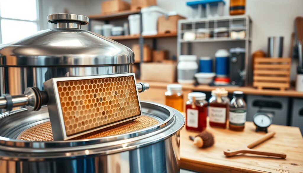 A close-up scene featuring a professional-quality honey extractor set up in a clean, well-organized workshop. In the foreground, the stainless steel extractor gleams under bright, natural daylight, showcasing its intricate design with honeycomb frames and connecting tubes. The middle ground includes various essential tools such as a bee brush, honey jars, and a thermometer, positioned neatly on a wooden workbench. In the background, shelves stocked with storage containers and beekeeping supplies create a sense of an efficient harvest environment. Soft, diffused lighting highlights the warm tones of the wood and metallic surfaces, creating an inviting, industrious atmosphere. The overall composition captures the essence of a clean and efficient honey extraction process, embodying professionalism and dedication to the craft.