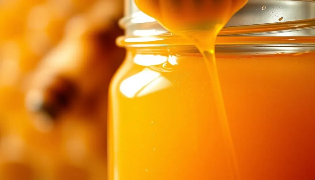 Close-up of a glass jar filled with golden, viscous honey