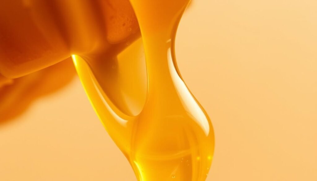 A close-up shot of a golden, viscous liquid gently flowing from a honeycomb, its natural, unprocessed state evident in the raw, organic textures. Soft, warm lighting illuminates the honey's translucent appearance, highlighting the subtle variations in color and the tiny air bubbles suspended within. The background is a simple, neutral tone, allowing the honey to be the central focus. The image conveys a sense of purity, authenticity, and the natural goodness of this artisanal, minimally-processed product.